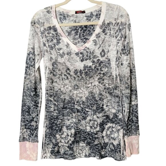 T Party Tops - T Party Womens Y2K Floral Burnout Sheer Long Sleeve Fairy Grunge V-Neck Top M